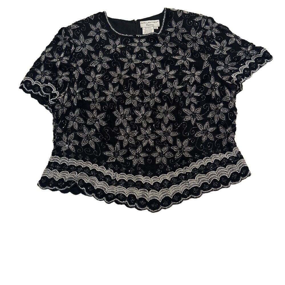 Papell Boutique Evening Top Size Large Black Beaded Silk Floral Scallop Hem 1X